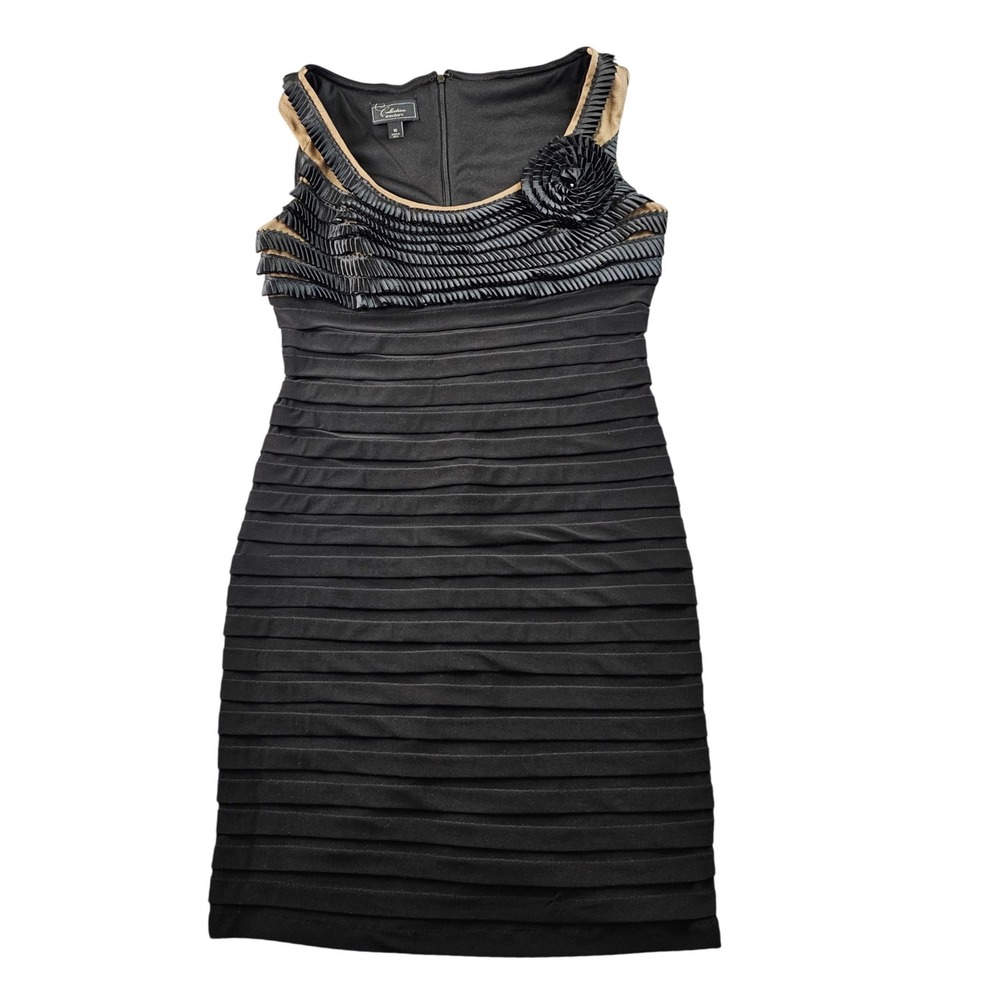 Dressbarn Cocktail Dress Womens 10 Black Floral Applique Ruffle Pleated Back Zip
